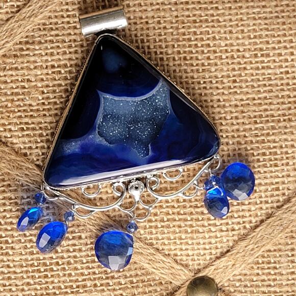 Blue Agate Sterling Silver Pendant with Dangle Beads and 20-Inch Chain - Picture 6 of 9